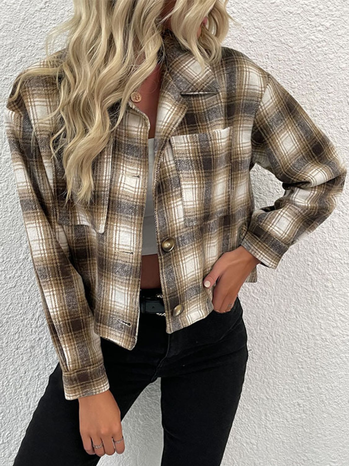 Plaid Button-Up Dropped Shoulder Jacket