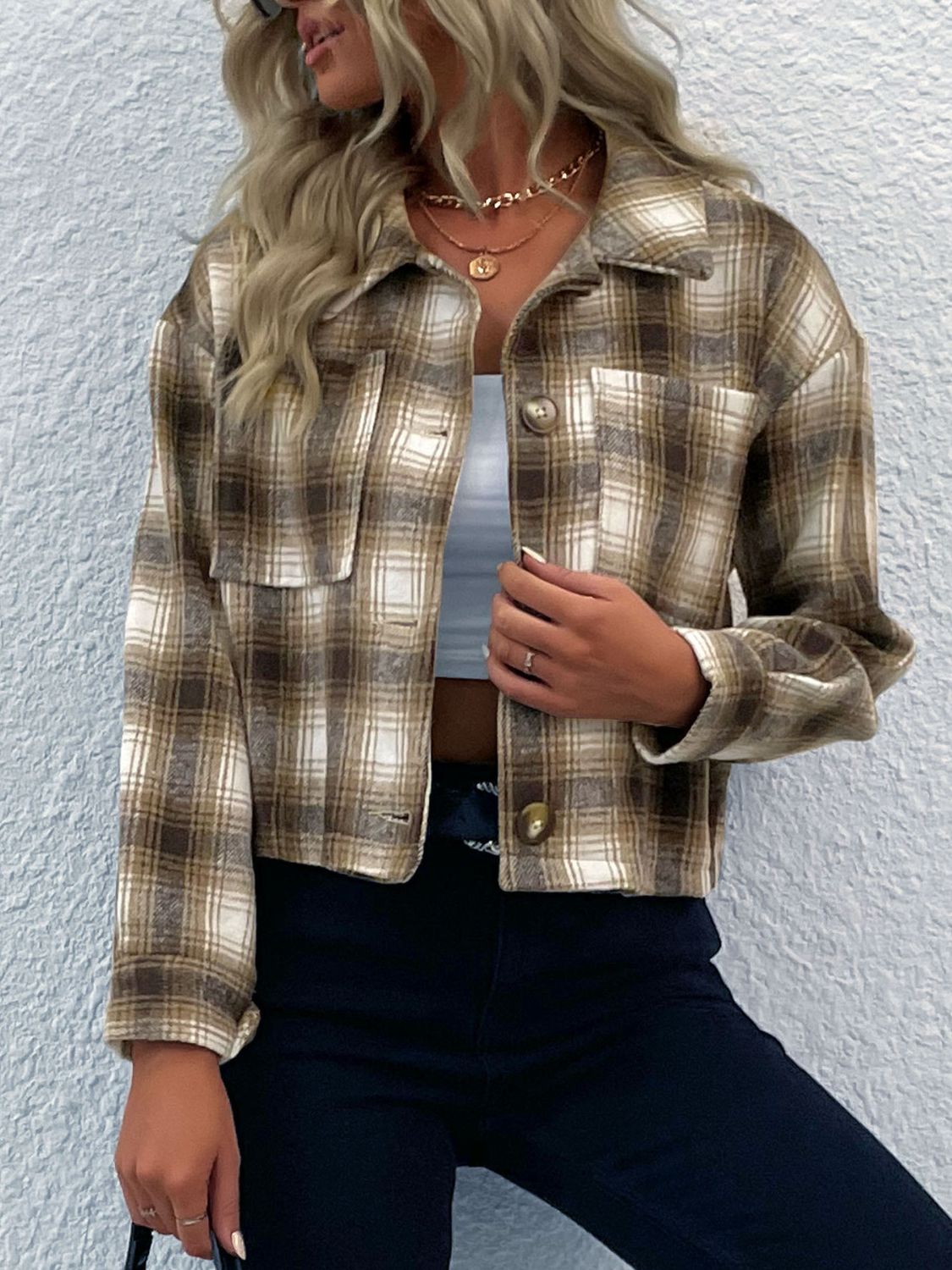 Plaid Button-Up Dropped Shoulder Jacket