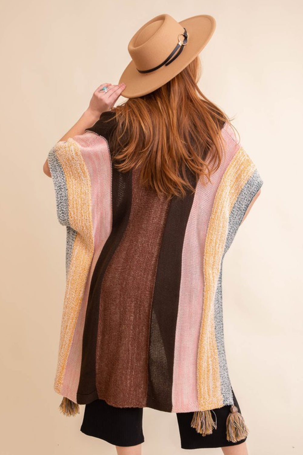 Multicolor Stripe Poncho with Tassels