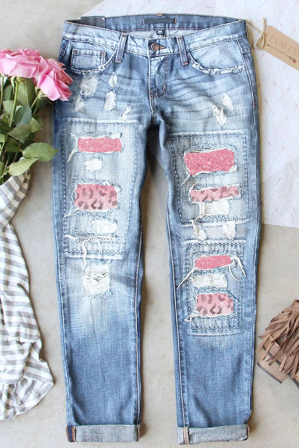 Leopard Patch Distressed Straight Leg Jeans