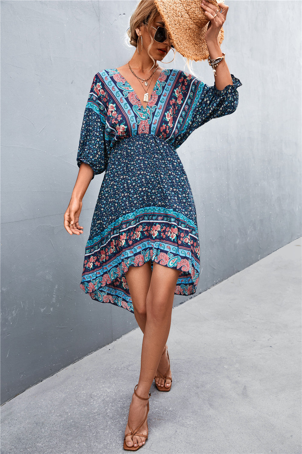 Printed Bohemian V Neck Dress