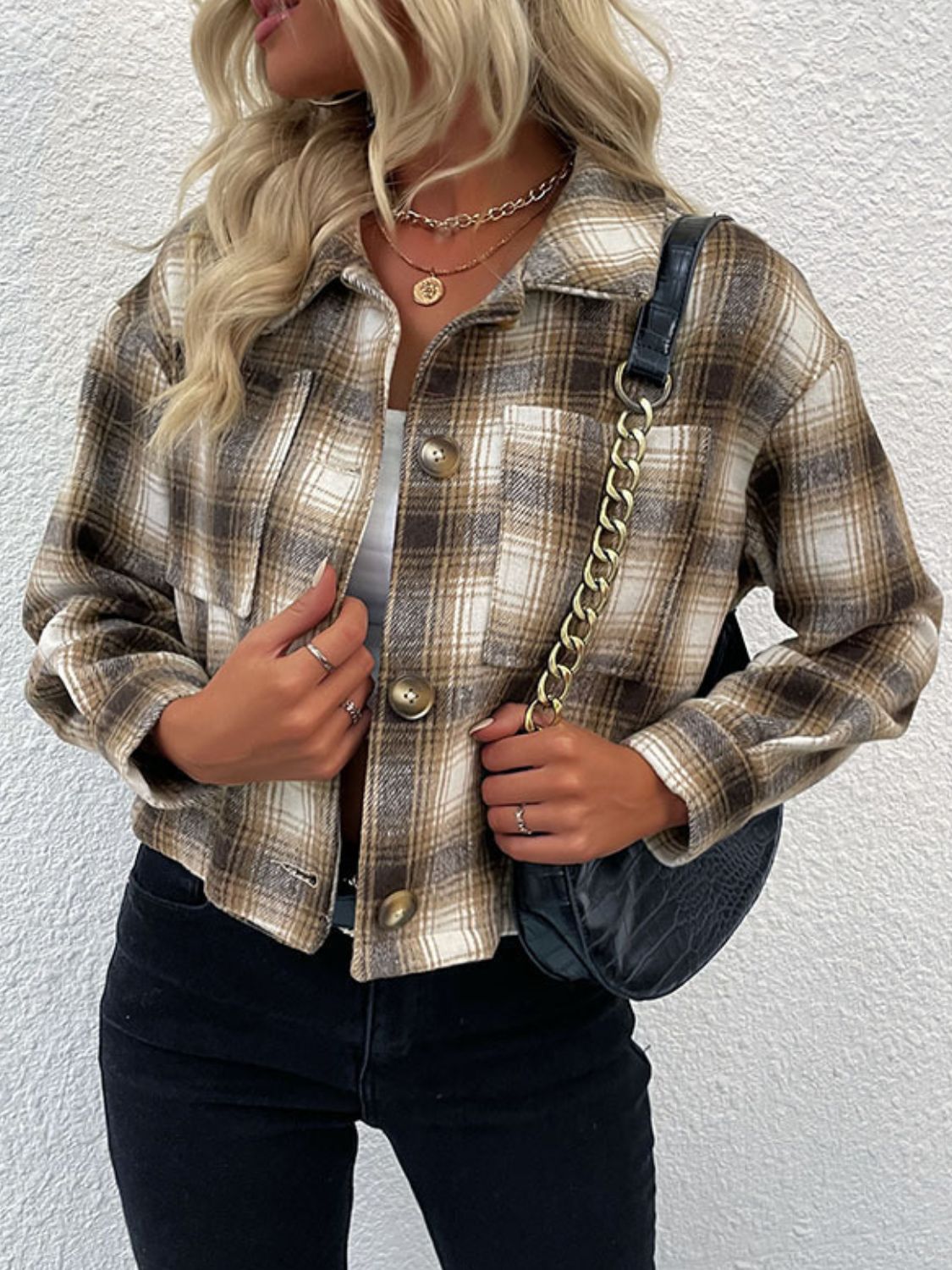 Plaid Button-Up Dropped Shoulder Jacket