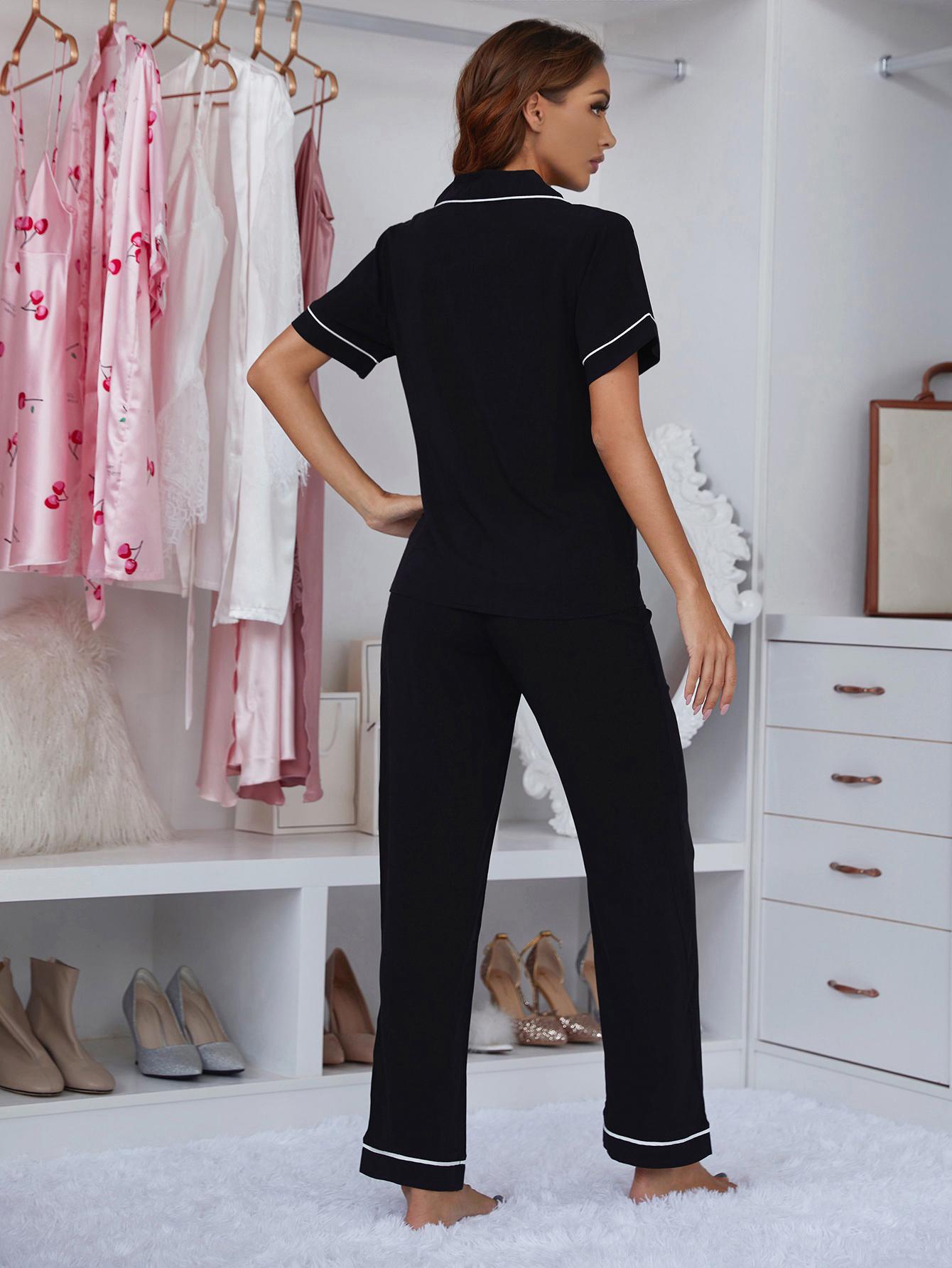 Contrast Piping Lapel Collar Short Sleeve Top and Pants Pajama Set