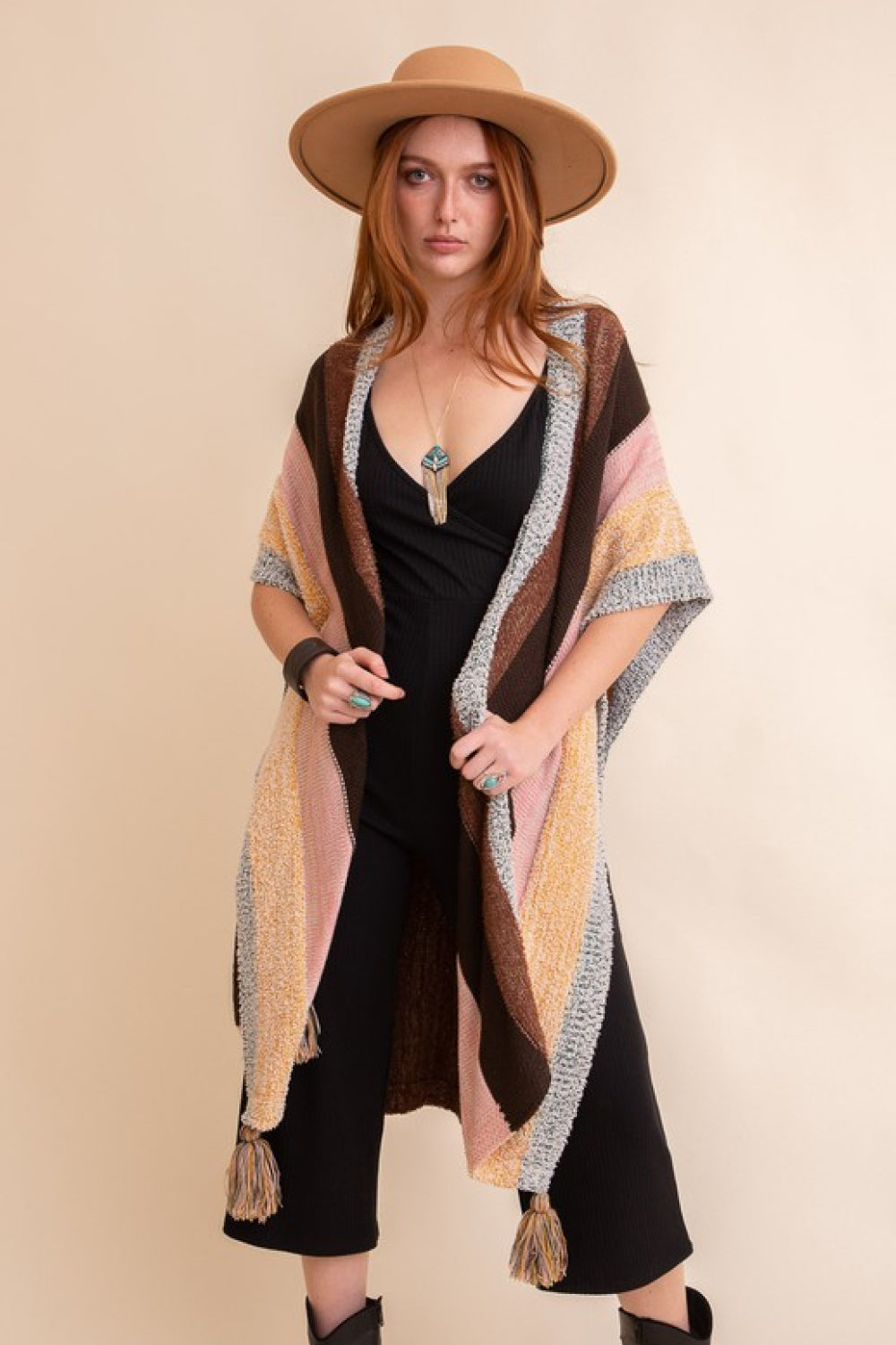 Multicolor Stripe Poncho with Tassels