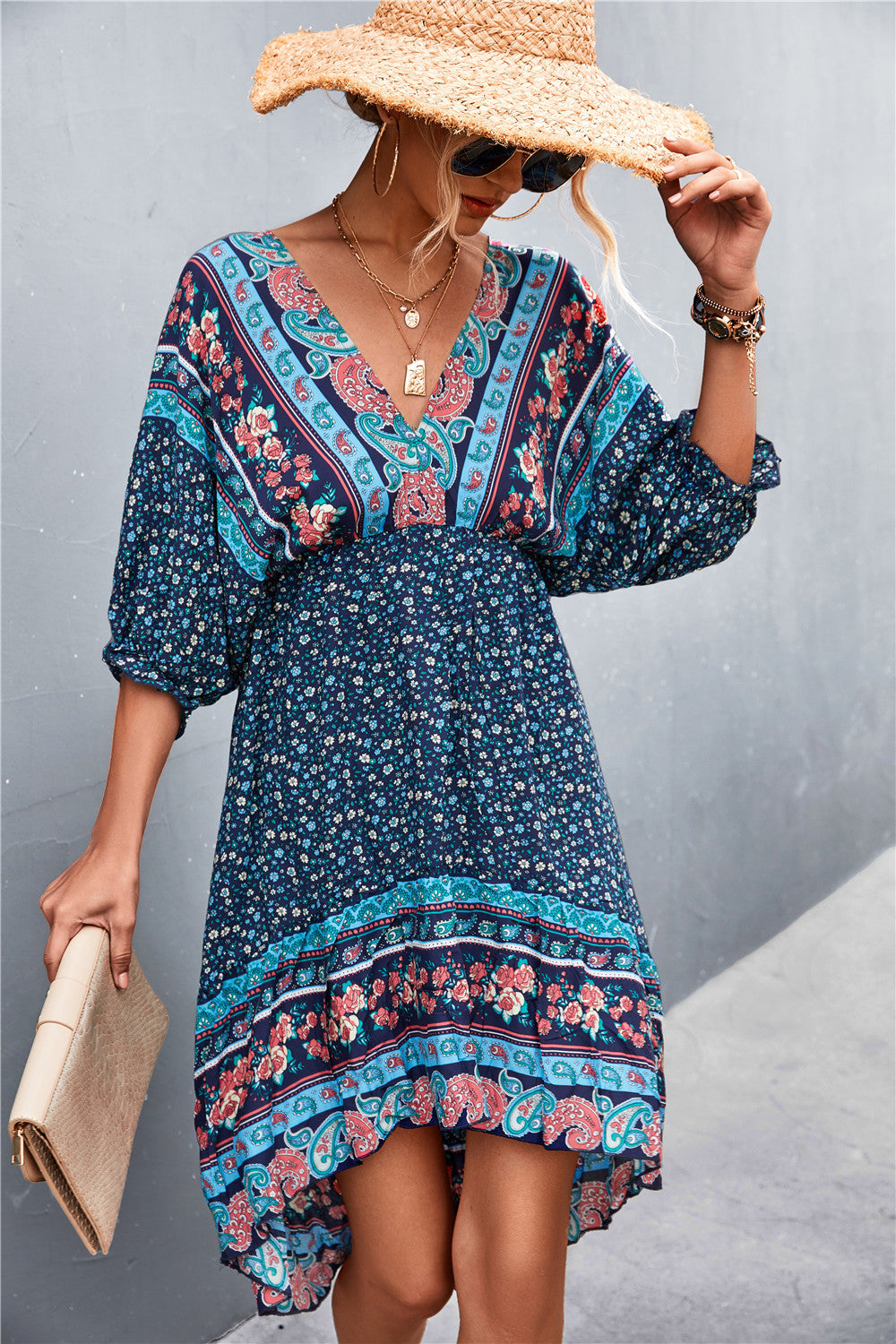 Printed Bohemian V Neck Dress